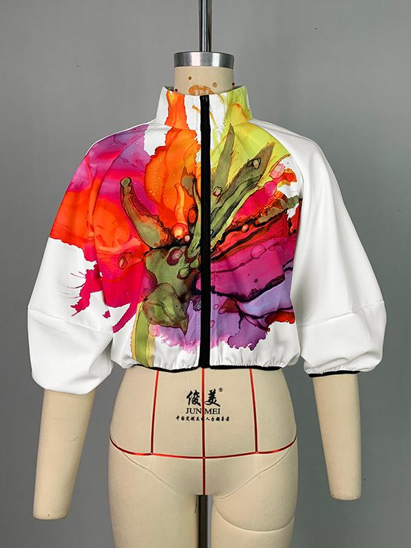 Loose Puff Sleeves Asymmetric Floral Printed Split-Joint High Neck Outerwear Product Image