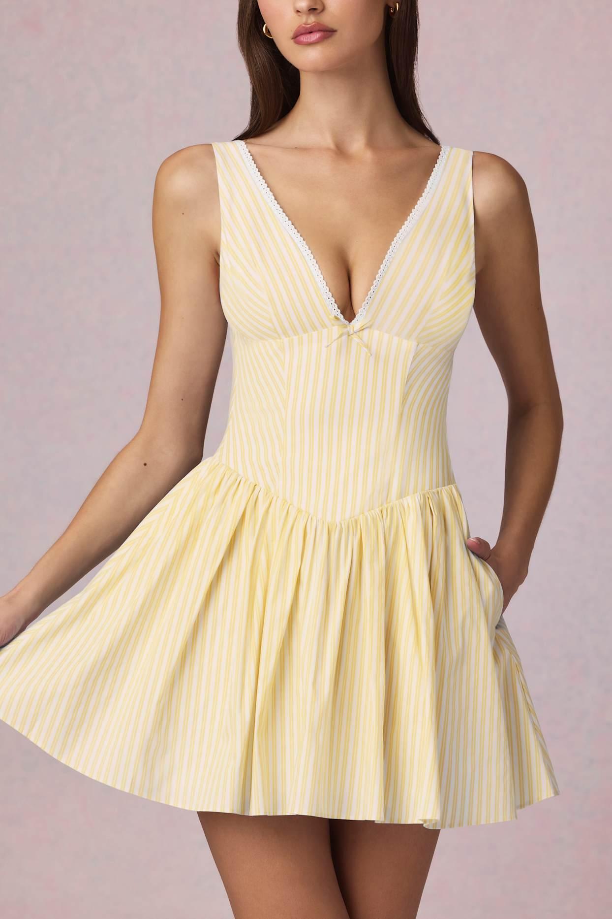 Bow-Detail A-Line Mini Dress in Lemon Yellow Stripe Product Image