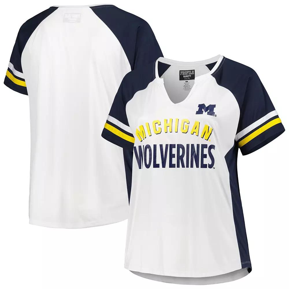 Women's White Michigan Wolverines Plus Size Stripe Raglan Notch Neck T-Shirt, Size: 4XL Product Image