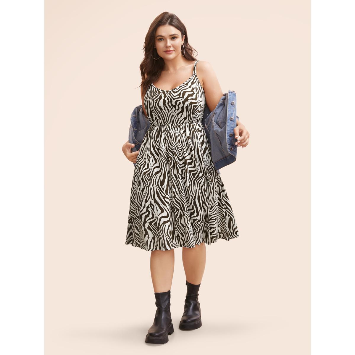 Plus Size Zebra Print Midi Cami Dress Browncoffeecolor Women Casual Non V-neck Sleeveless Curvy BloomChic 26/4X Product Image