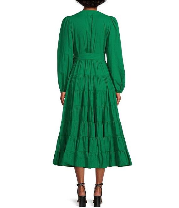 Gibson & Latimer Woven Poplin V-Neck Long Blouson Sleeve Tie at Side Wrap A-Line Flounce Midi Dress Product Image