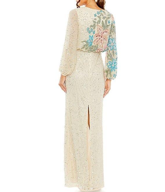 Mac Duggal Floral Beaded Sequin Long Sleeve Blouson Gown Product Image