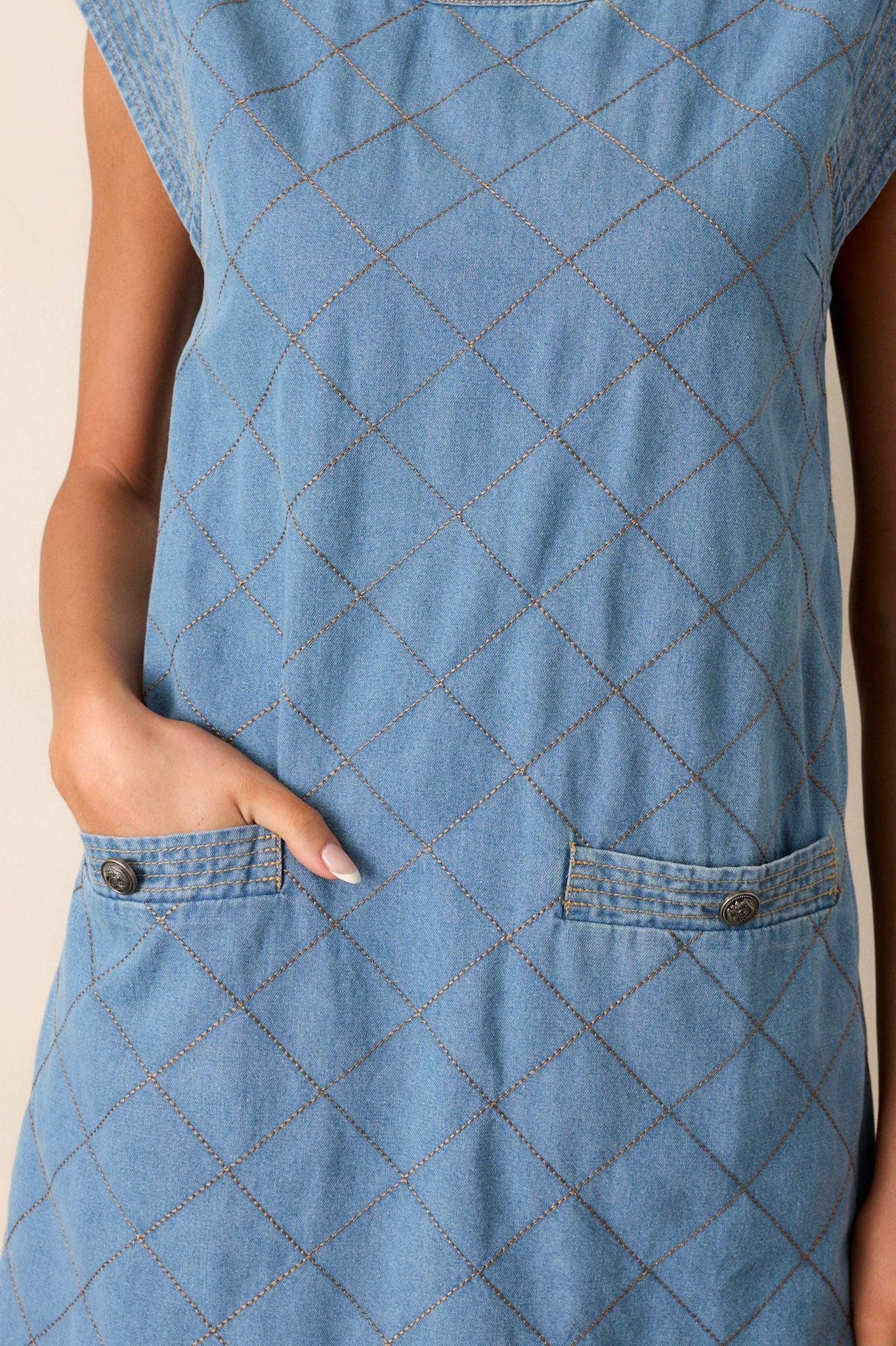Just Wondering Light Chambray Quilted Mini Dress Product Image