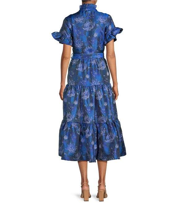 Abbey Glass Floral Print Sadie Ruffle Stand Collar Short Sleeve Tie Waist Tiered Pocketed Midi Dress Product Image