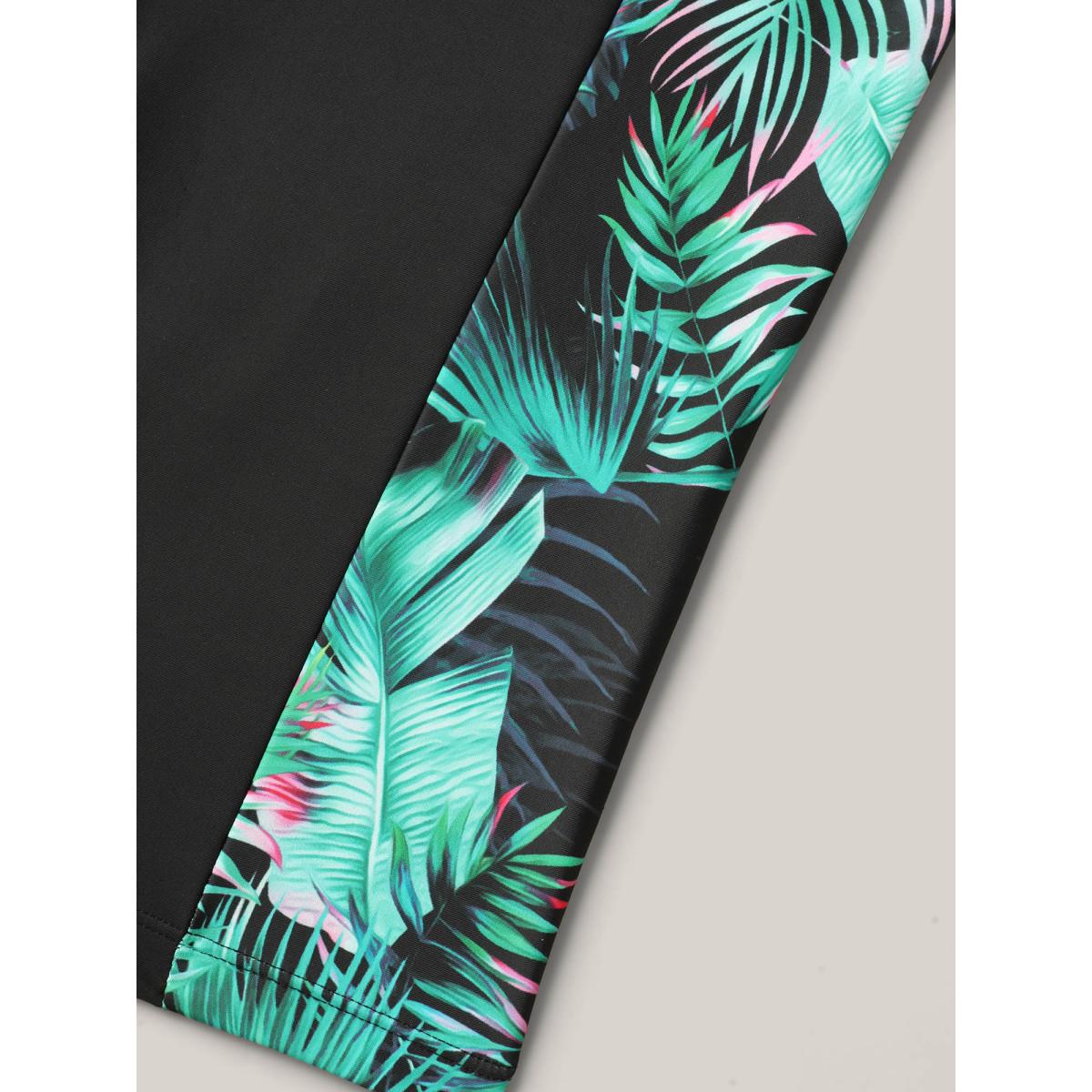 Plus Size Tropical Print High Waisted Tight Swim Bottoms Women's Swimwear Black Beach Patchwork High stretch Skinny High Rise Patch pocket Curve Swim Bottoms BloomChic 18-20/2X Product Image