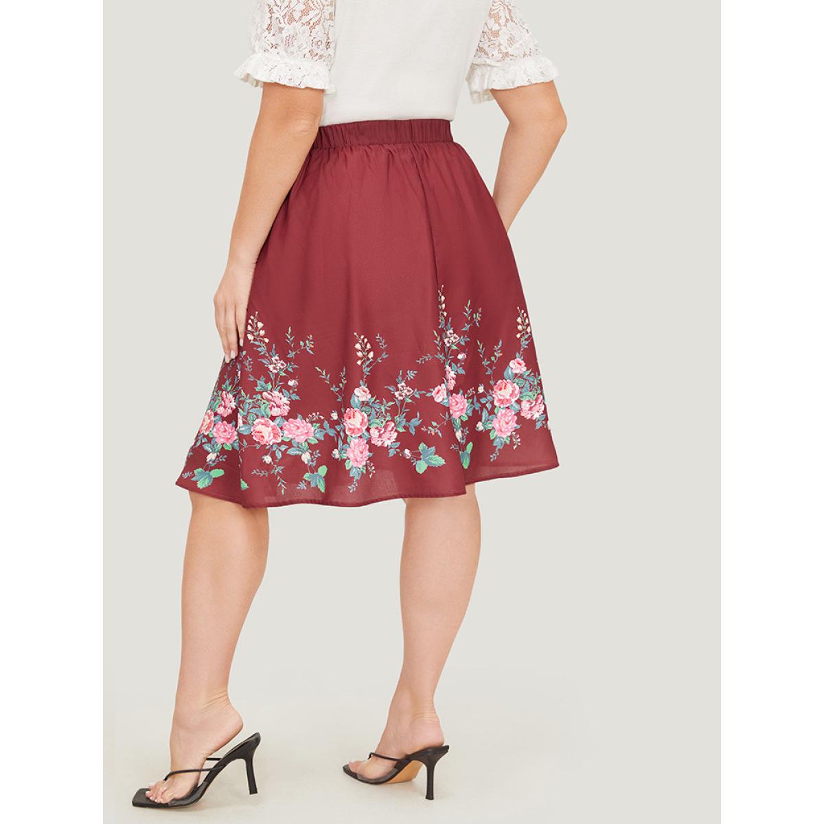 Plus Size Floral Print Pocket Flutter Hem Skirt Women Burgundy Elegant Printed No stretch Pocket Dailywear Skirts BloomChic 28/5X Product Image