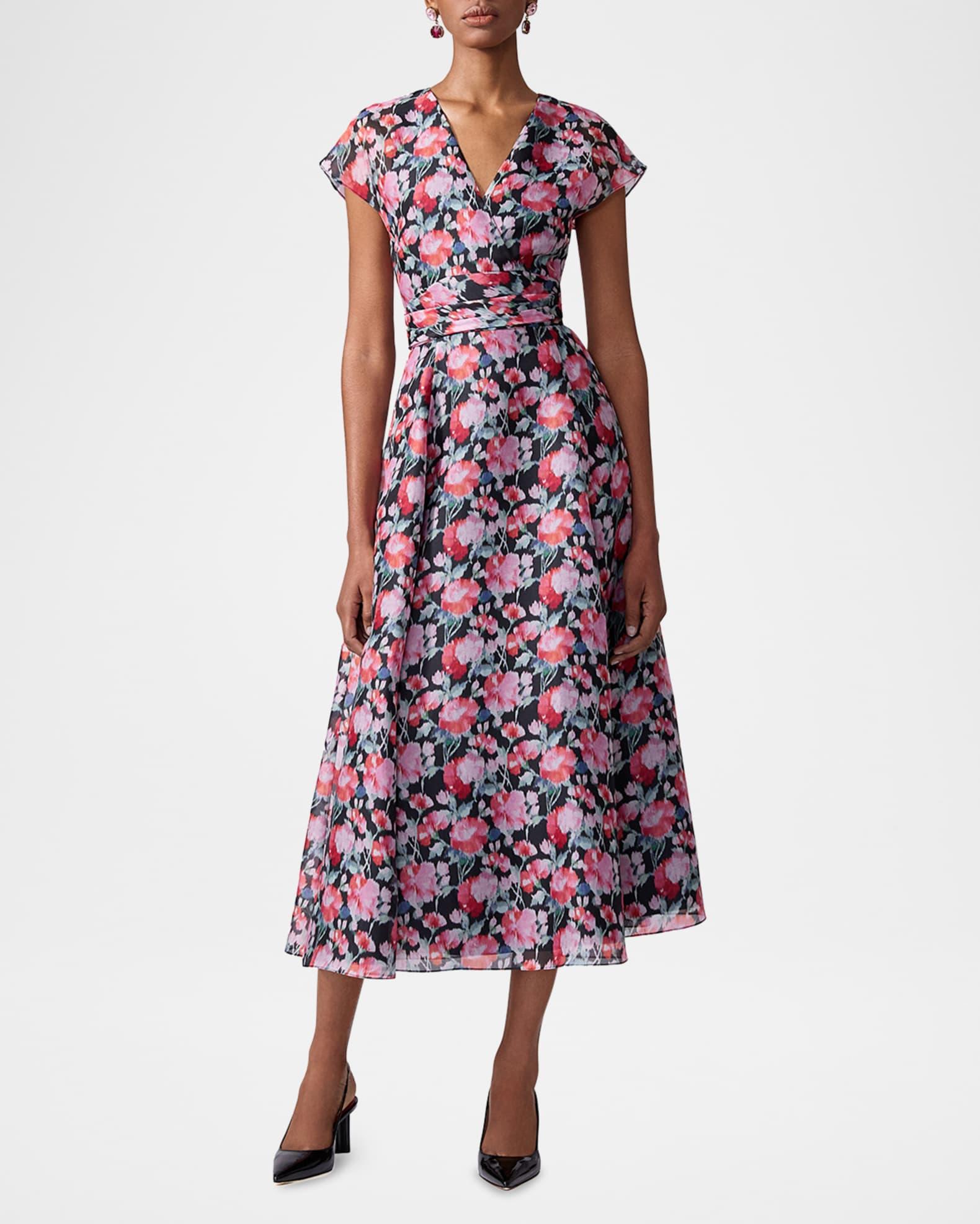 V-Neck Floral Silk Cap-Sleeve Midi Dress Product Image