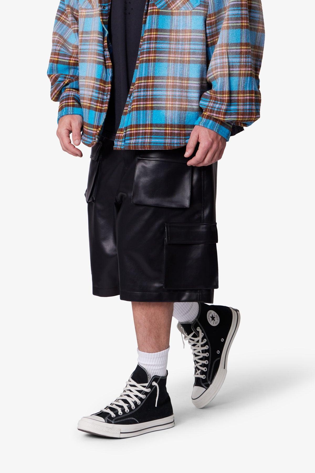 Baggy Leather Cargo Shorts - Black Product Image