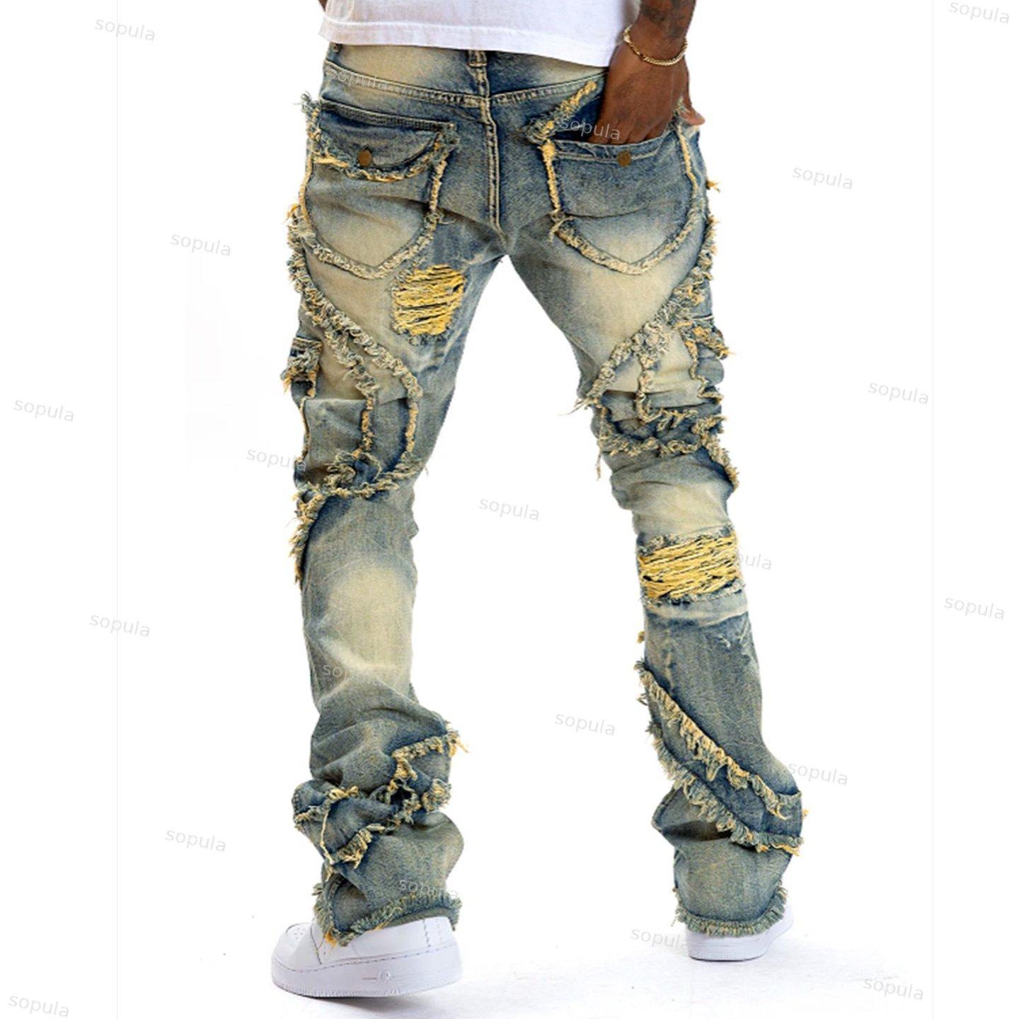 Men's Ripped Flared Fringe Stretch Jeans Product Image