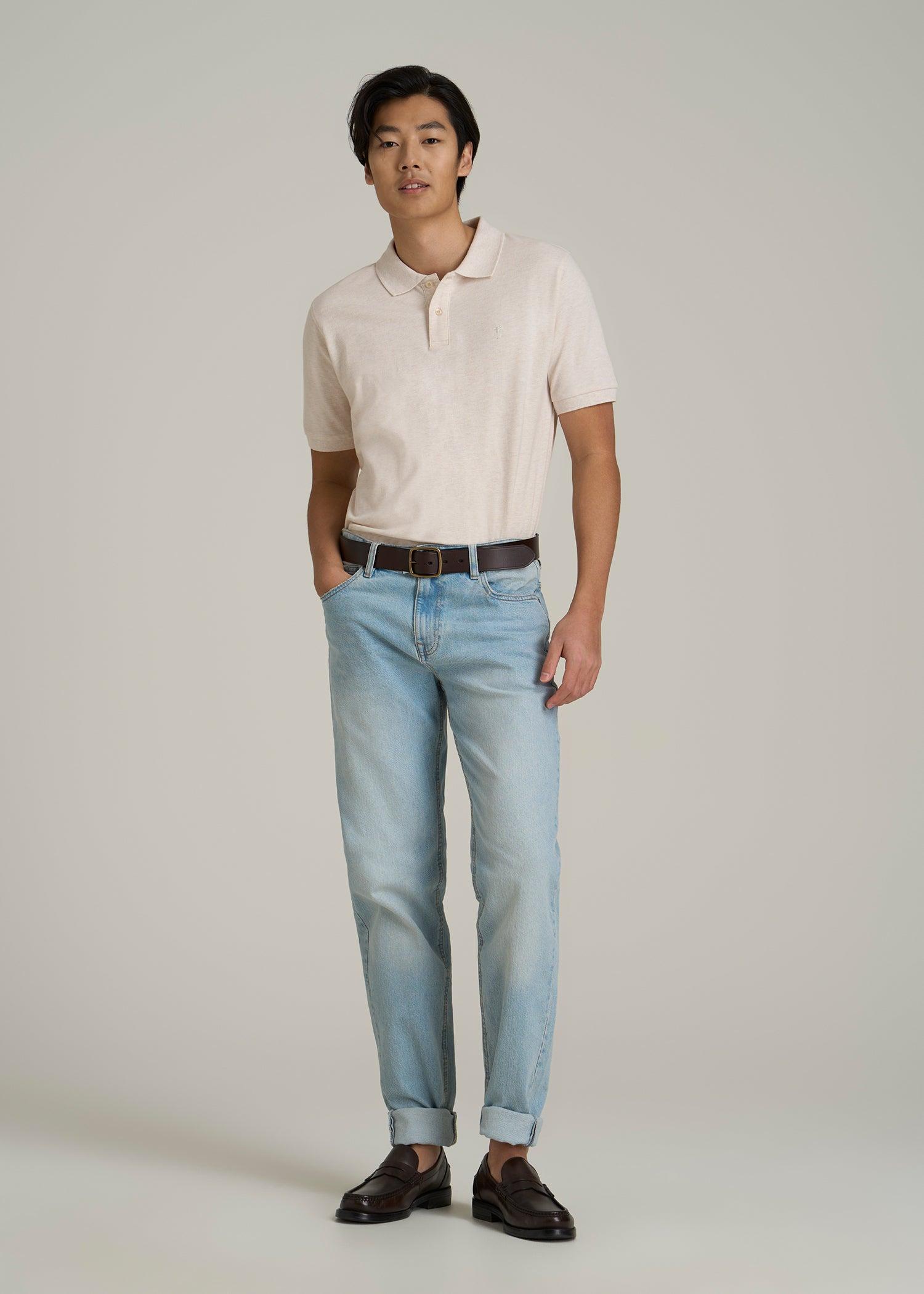 Classic Polo with Embroidered Logo for Tall Men in Heathered Oatmeal Male Product Image