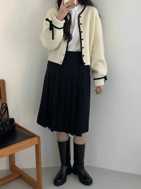 Contrast Trim Bow Decor Knit Cardigan Product Image