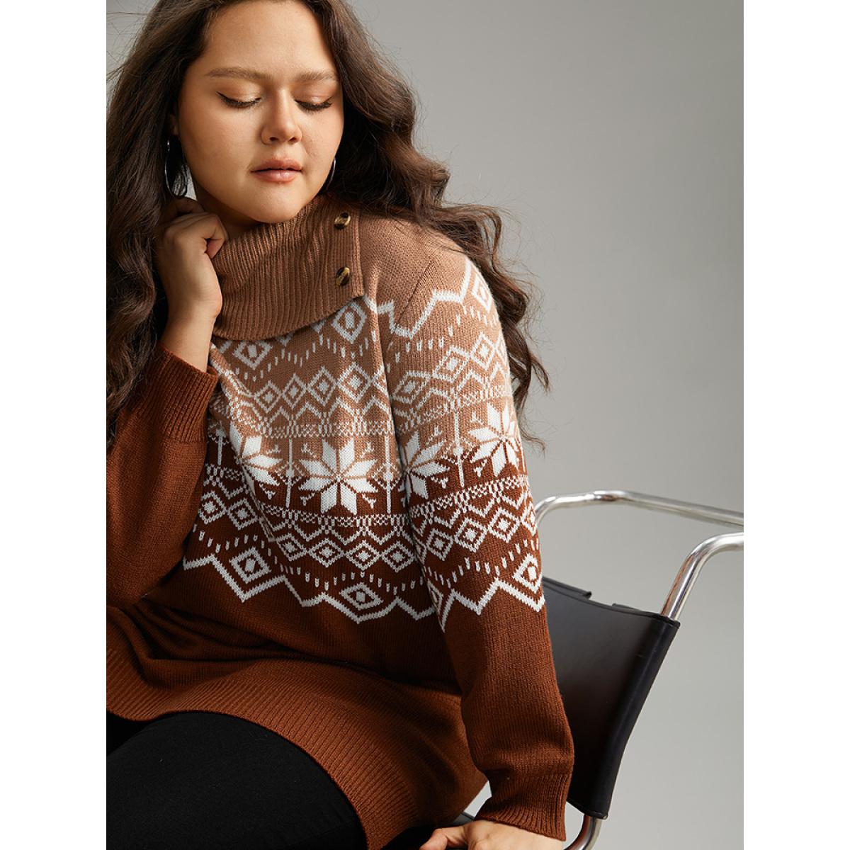 Plus Size Snowflake Print Button Detail Split Side Pullover Multicolor Women Casual Loose Long Sleeve Lapel Collar Festival-Christmas Pullovers BloomChic 22-24/3X Product Image