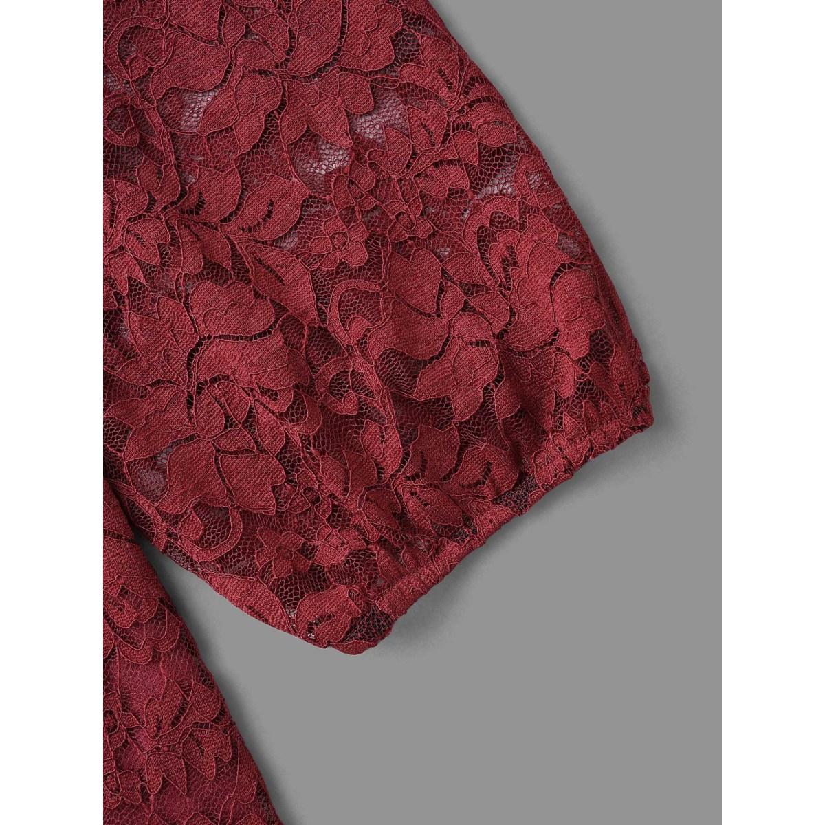 Plus Size Solid Lace Patchwork Lantern Sleeve Dress Burgundy Women Cocktail Woven ribbon&lace trim Party Curvy Bloomchic 30/6X Product Image