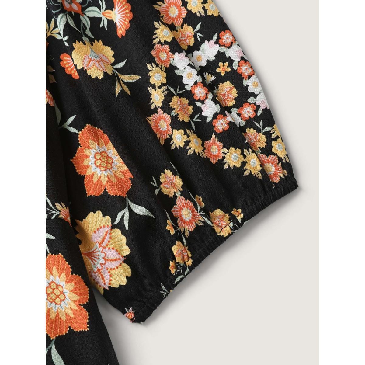 Plus Size Boho Print Waist Stretchy Midi Dress BlackFlower Women Boho Notched collar Half Sleeve Curvy BloomChic 28/5X Product Image