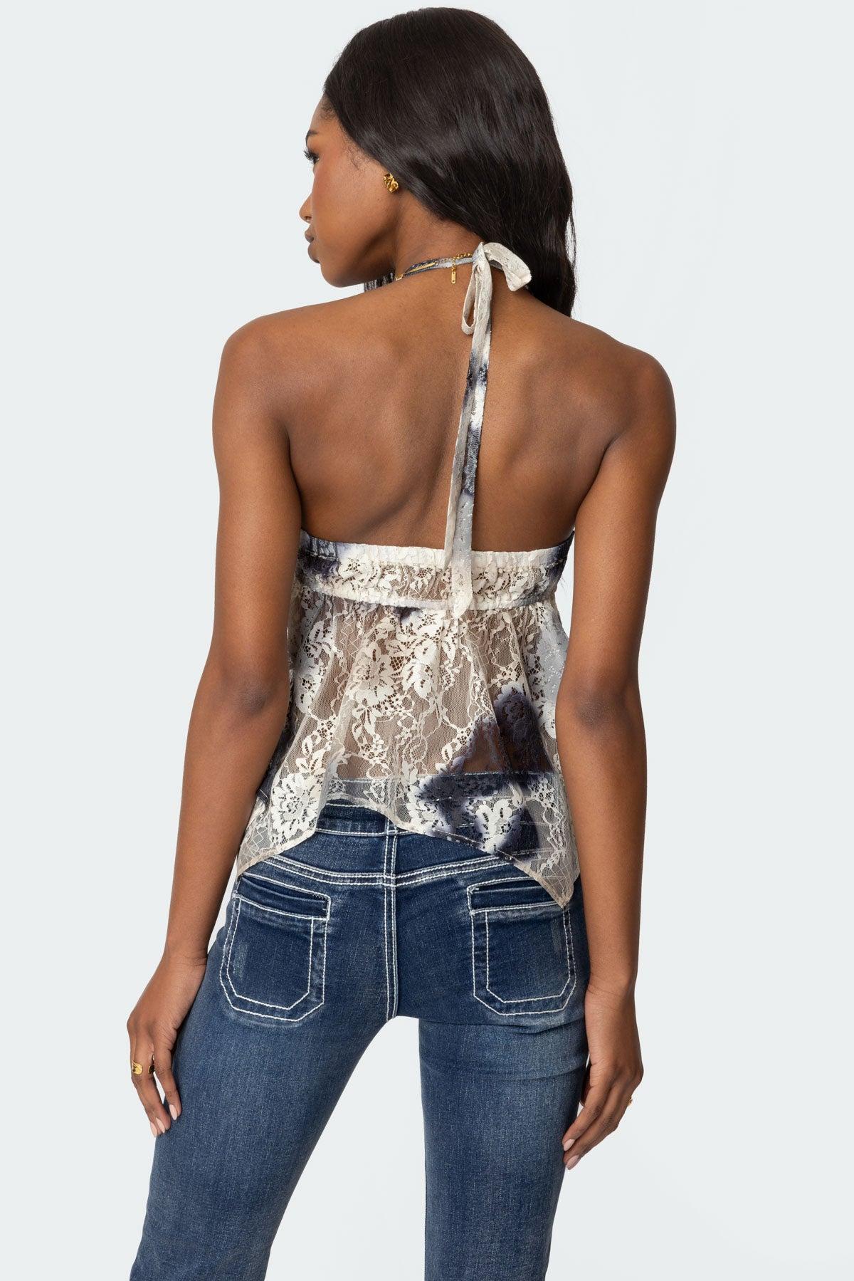 Asymmetric Printed Lace Halter Top Product Image