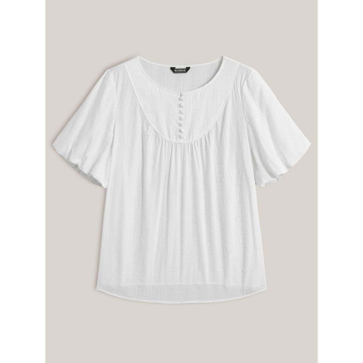Plus Size WhiteSmoke Pure Cotton Puff Sleeve Button Blouse Women Half Sleeve Round Neck Vacation Blouses BloomChic 12/L Product Image