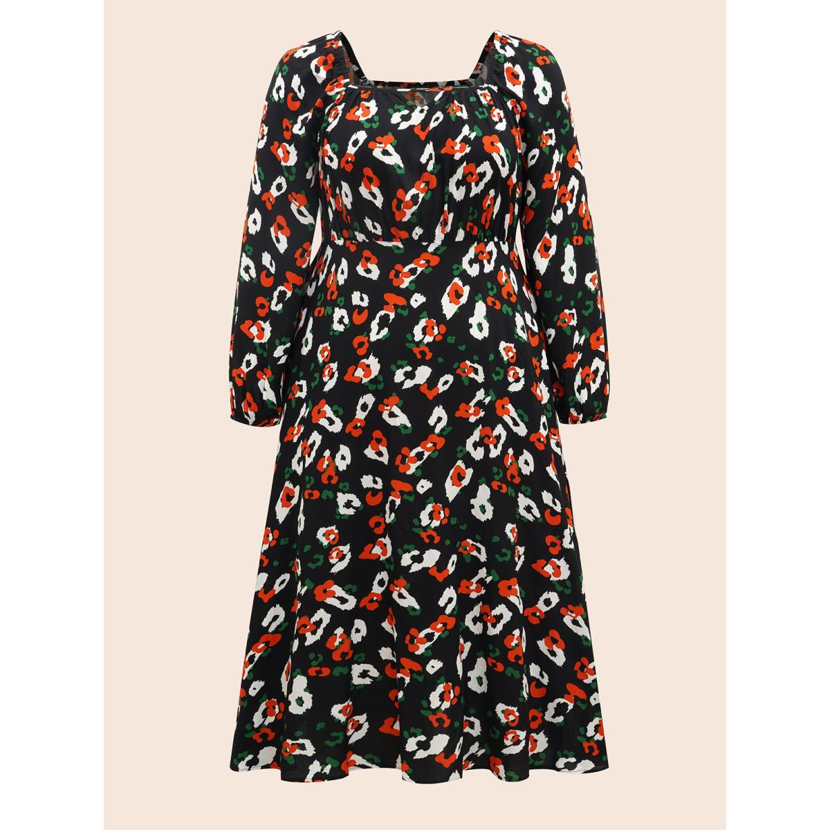 Plus Size Square Neck Animal Print Keyhole Dress Black Women Elegant Gathered Square Neck Long Sleeve Curvy BloomChic 26/4X Product Image