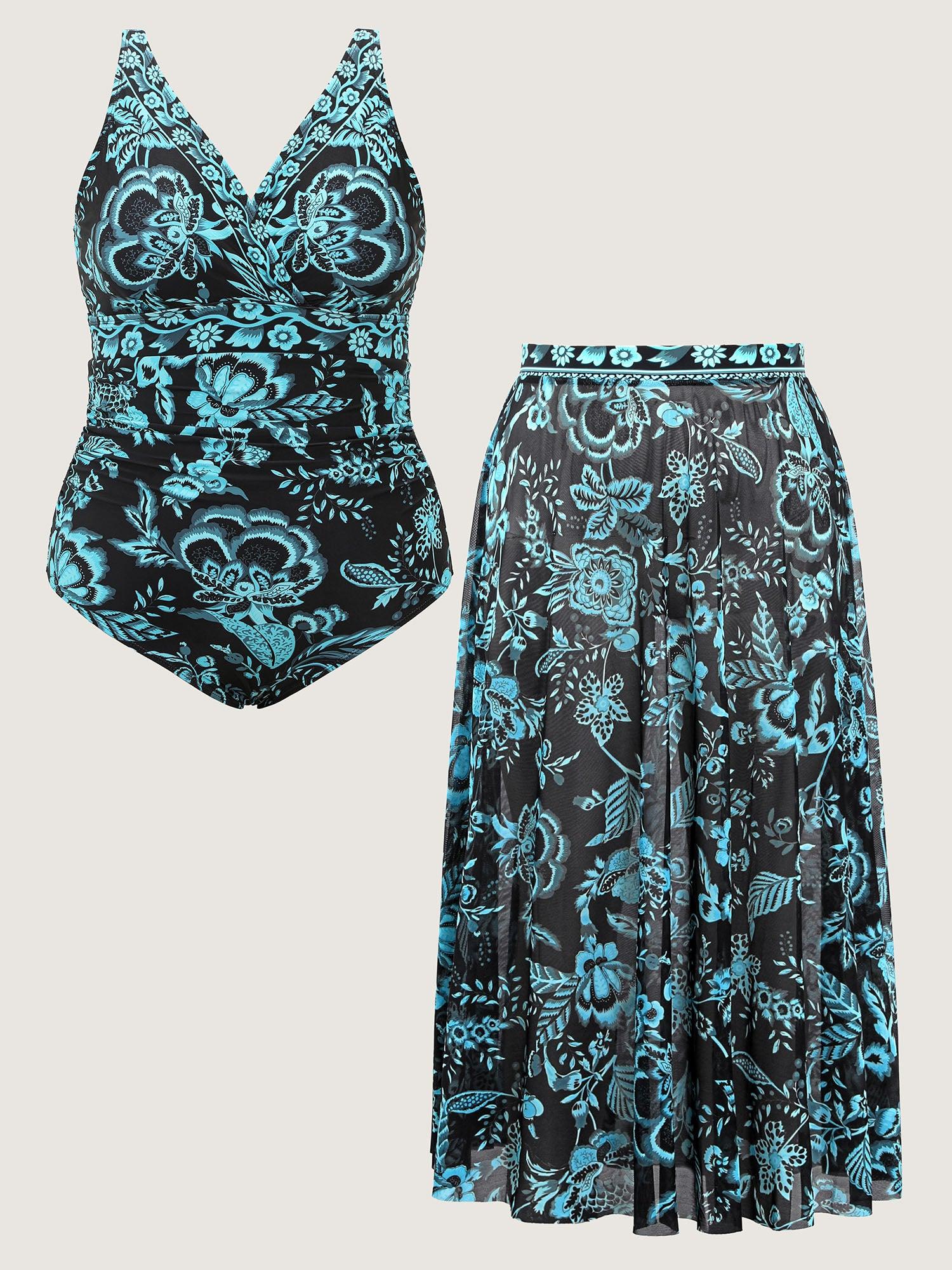 Two-Piece Floral Print Ruched Mesh Swimsuit, Sarong Female Product Image