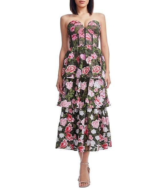 Dress the Population Teigan Sweetheart Corset Tiered Floral Embroidered Fit & Flare Midi Dress Product Image