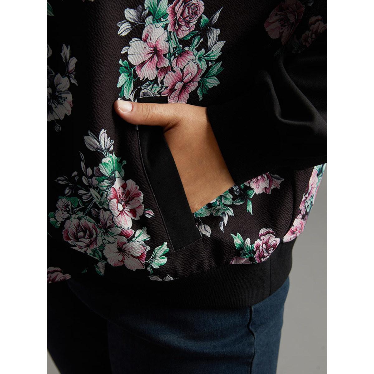Plus Size Floral Patchwork Zipper Pocket Jacket Women BlackFlower Elastic cuffs Pocket Everyday Jackets BloomChic 10/M Product Image