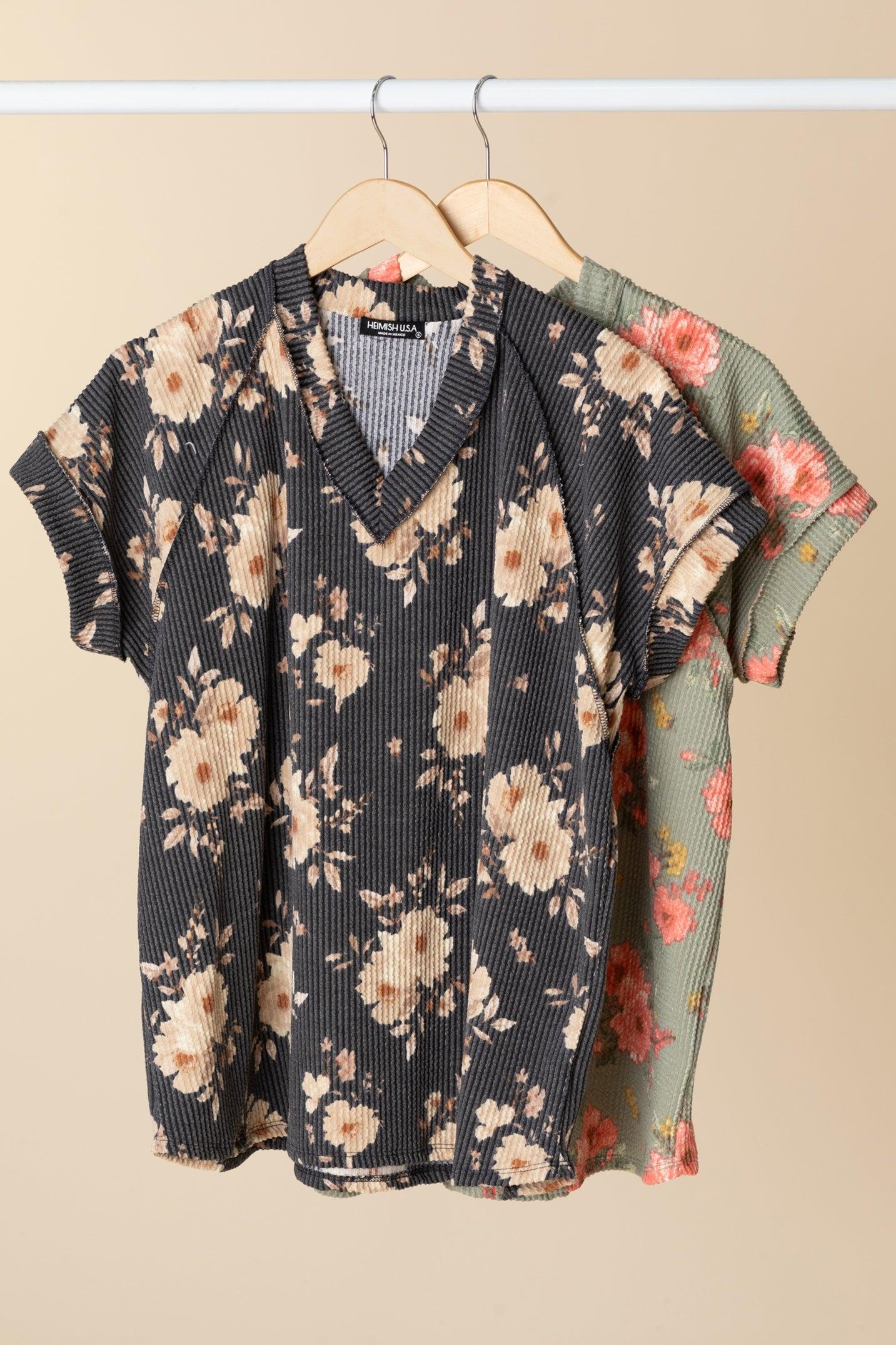 Flower Printed Ribbed Knit Tops Product Image