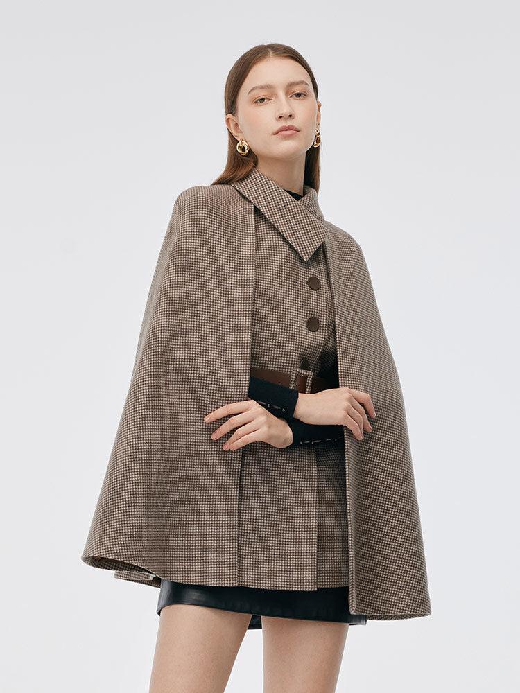 100% Washable Wool Beige Check Cape And Vest Two-Piece Set With Belt Product Image