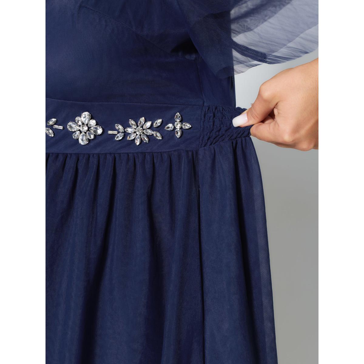 Plus Size Rhinestone Triangular Mesh Cinched-Waist Maxi Dress Navy Women Party&Cocktail V-neck Short sleeve Curvy BloomChic 10/M Product Image