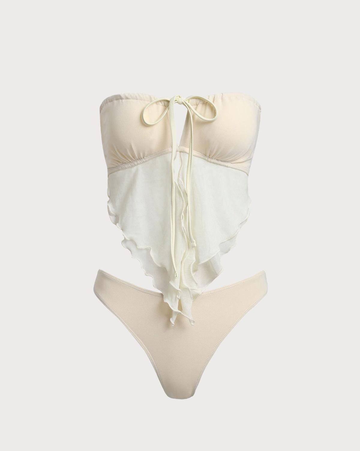 White Mesh Ruched Tankini Swimsuit Product Image