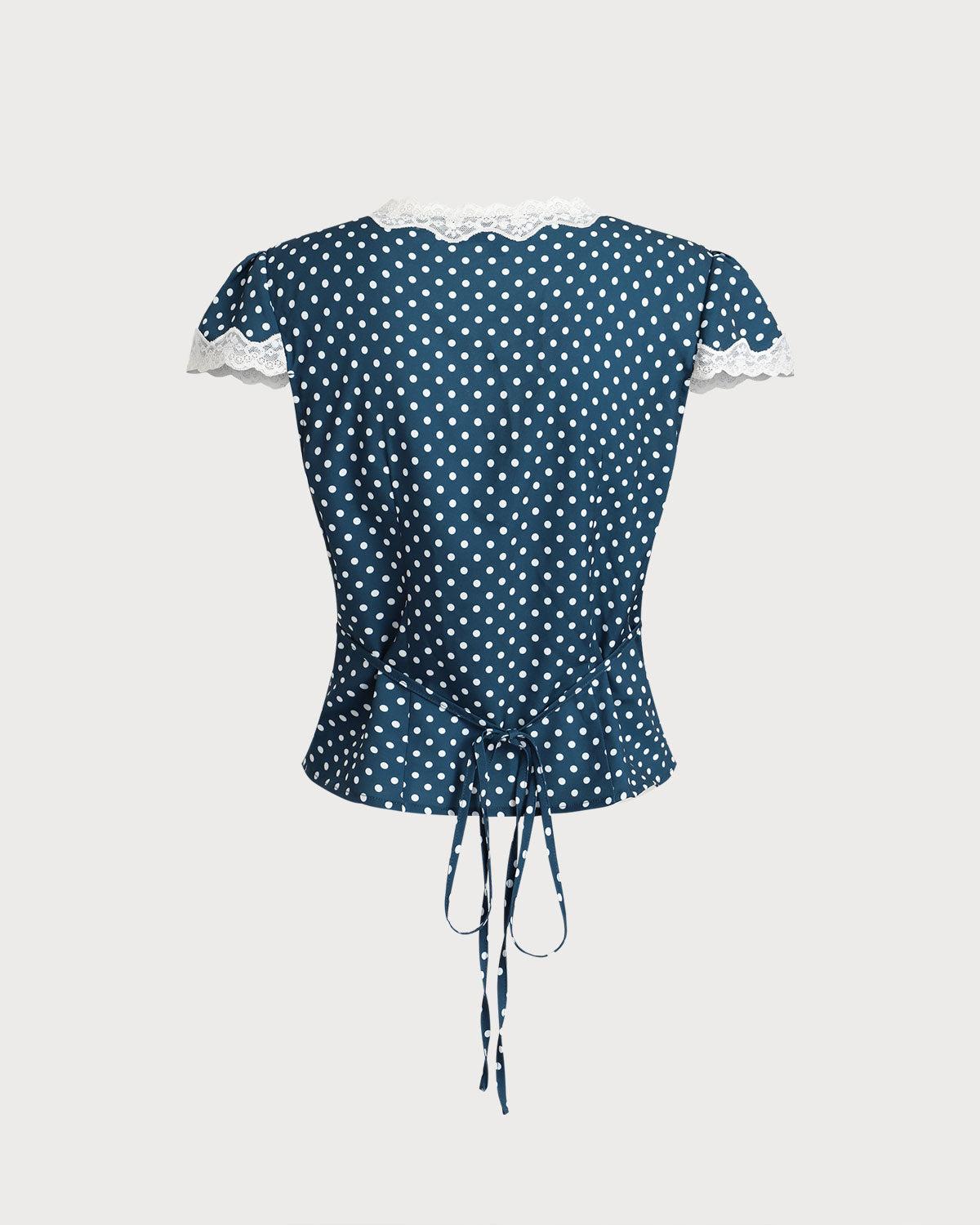 Blue Polka Dot Lace Trim Blouse Product Image