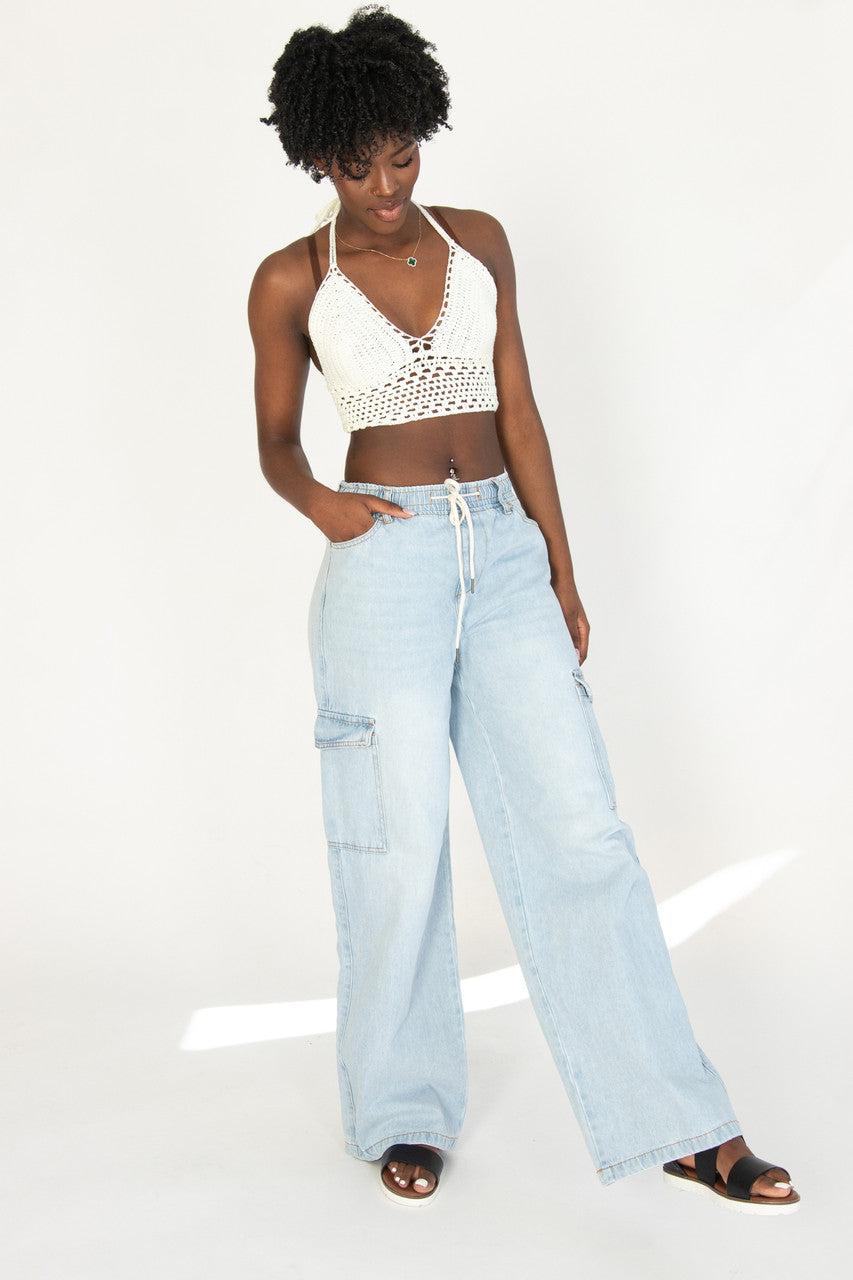 Wide Leg Pull On Cargo Jeans Product Image