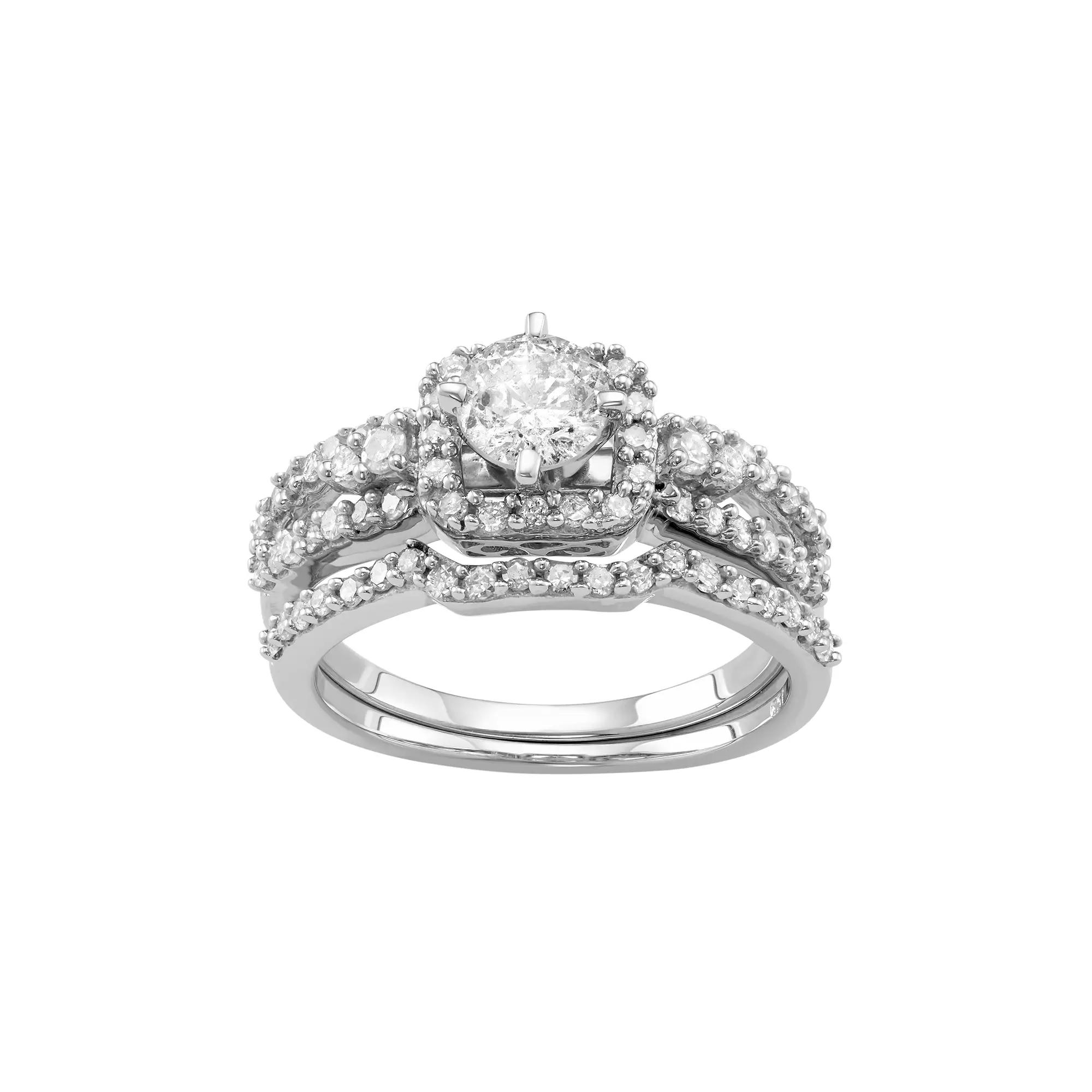 10k White Gold 1 Carat T.W. Diamond Tiered Halo Engagement Ring Set, Women's, Size: 8, 10k Whgold Product Image