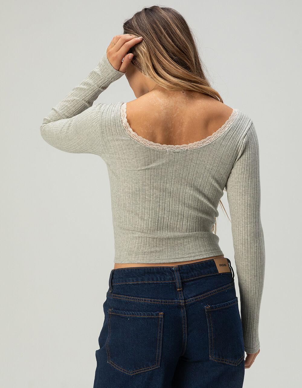 RSQ Womens Lace Trim Texture Long Sleeve Top - HEATHER GRAY Product Image
