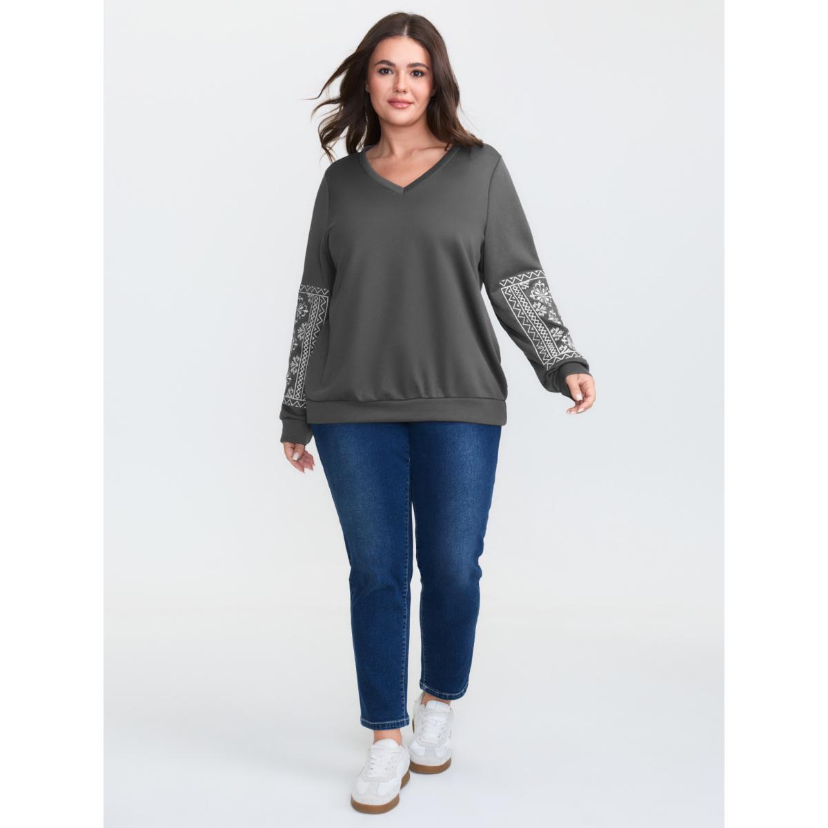 Plus Size Boho Embroidered Sleeve V-Neck Sweatshirt Women DimGray Leisure Embroidered V-neck Casual Sweatshirts BloomChic 14-16/1X Product Image