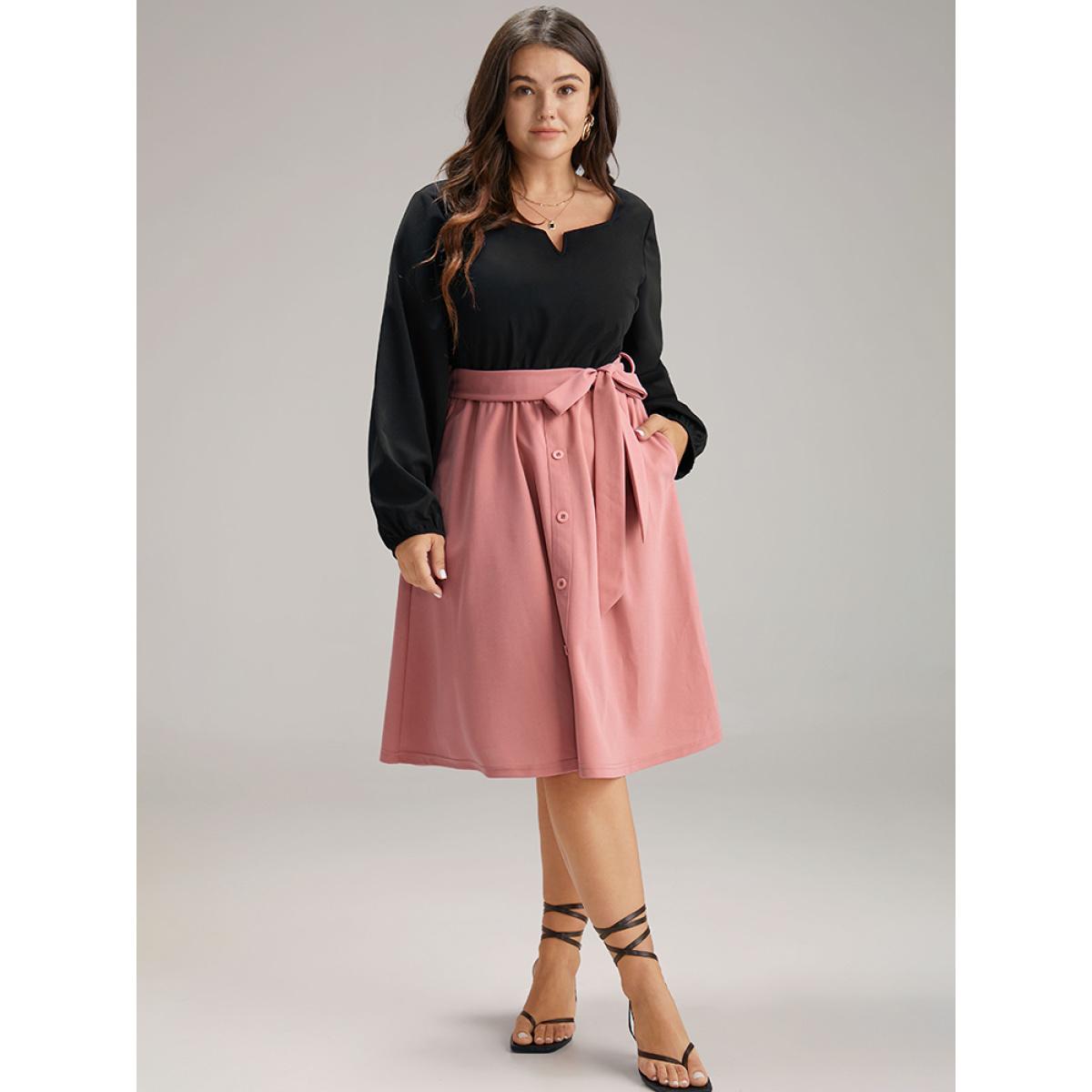 Plus Size Contrast Patchwork Button Detail Belted Dress Rouge Women At the Office Elastic cuffs Notched collar Long Sleeve Curvy Midi Dress BloomChic 22-24/3X Product Image