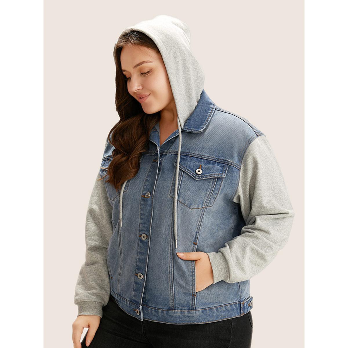 Women Hooded Patchwork Flap Pocket Denim Jacket Stone Plus Size Plain Contrast Casual Slanted pocket Leisure Denim Jackets BloomChic 28/5X Product Image