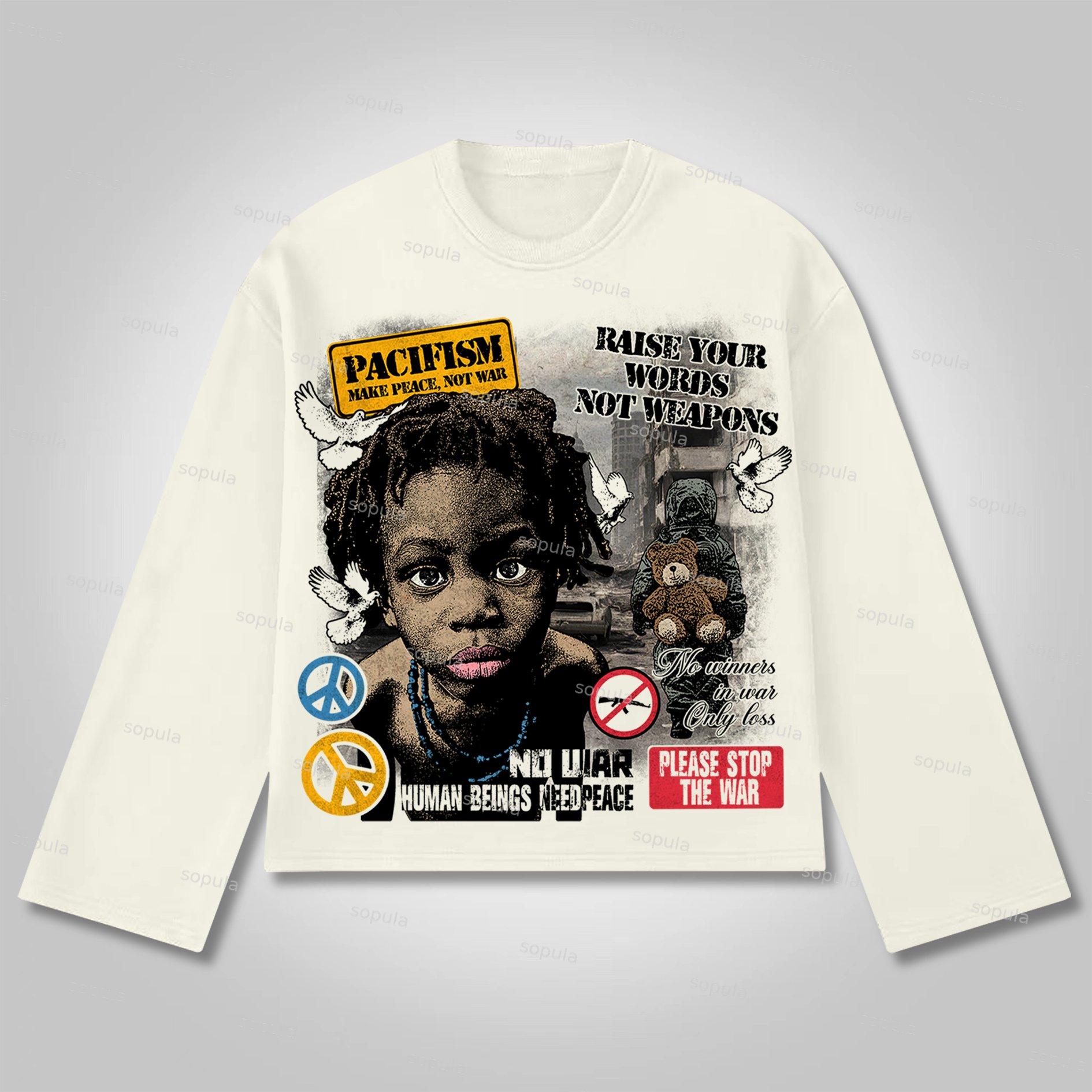 Sopula Human Beings Need Peace, Not War. Vintage Graphics Cotton Long Sleeve T-Shirt Product Image