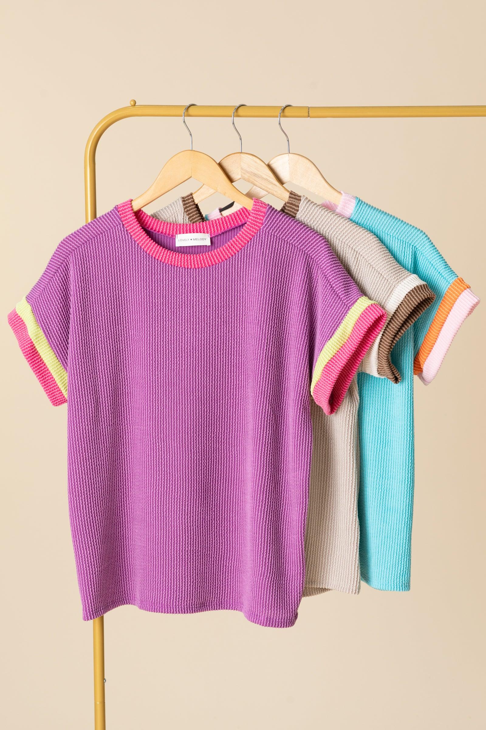 Crewneck Ribbed Short Sleeve Knit Tops Product Image