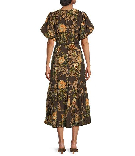 ASTR the Label Lavena Floral Print Belted V-Neck Short Puff Sleeve Midi Dress Product Image