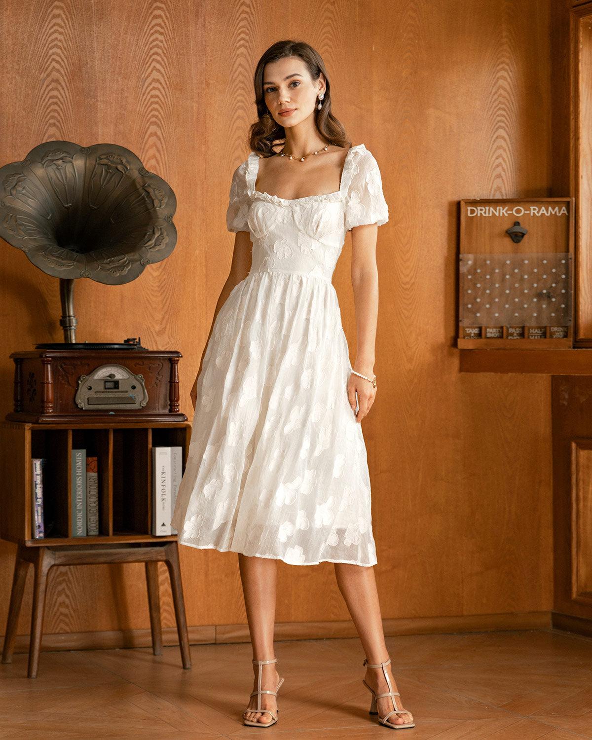 Beige Square Neck Puffed Sleeve Midi Dress Product Image