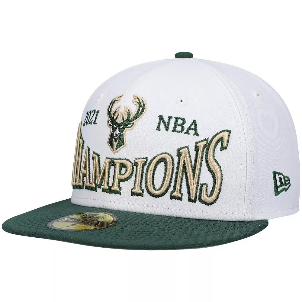 Men's New Era White/Hunter Green Milwaukee Bucks Arch Champs 59FIFTY Fitted Hat, Size: 6 7/8 Product Image