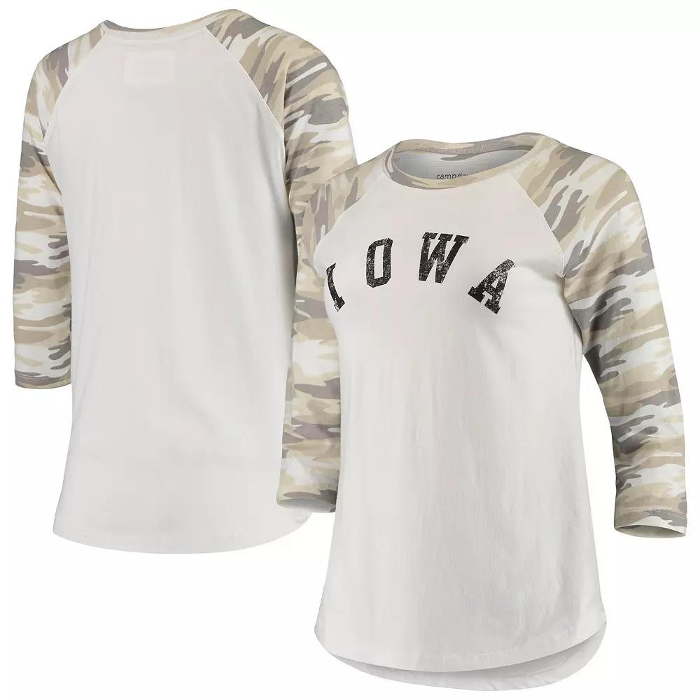 Women's White/Camo Iowa Hawkeyes Boyfriend Baseball Raglan 3/4-Sleeve T-Shirt, Size: Large Product Image