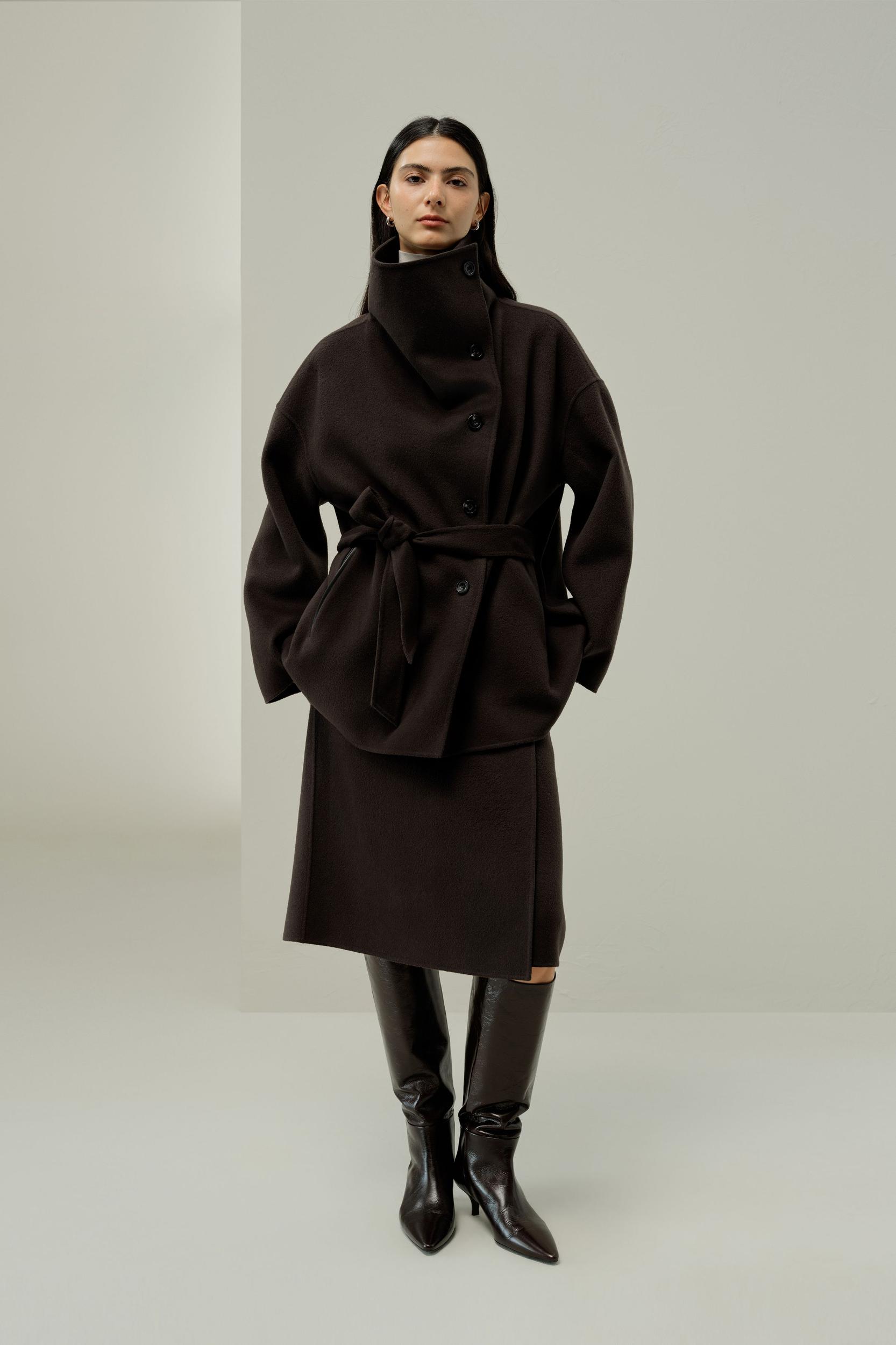 Convertible Collar Silk-Wool Blend Coat Product Image