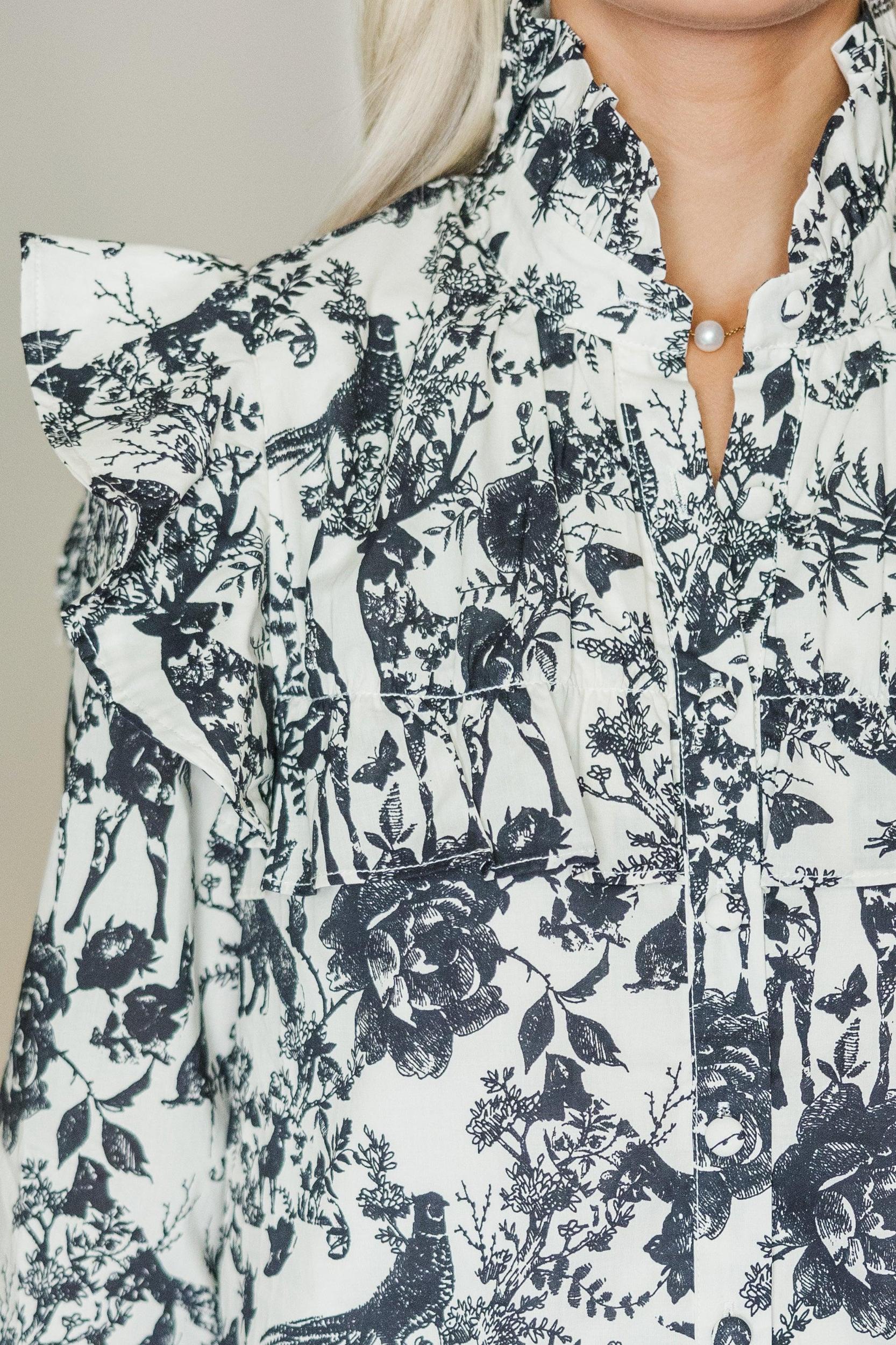 On Your Time Black Toile Button Down Top Female Product Image