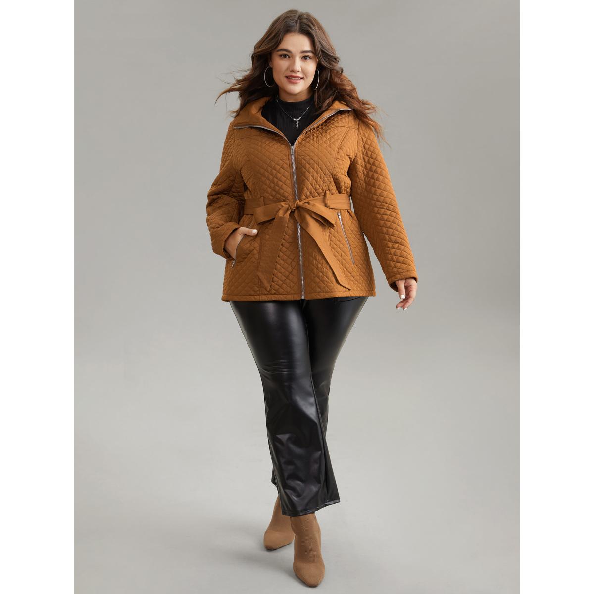 Plus Size Women Dailywear Plain Quilting No stretch Bodycon 28/5X Pocket Belt Elegant Quilted Jackets BloomChic Product Image