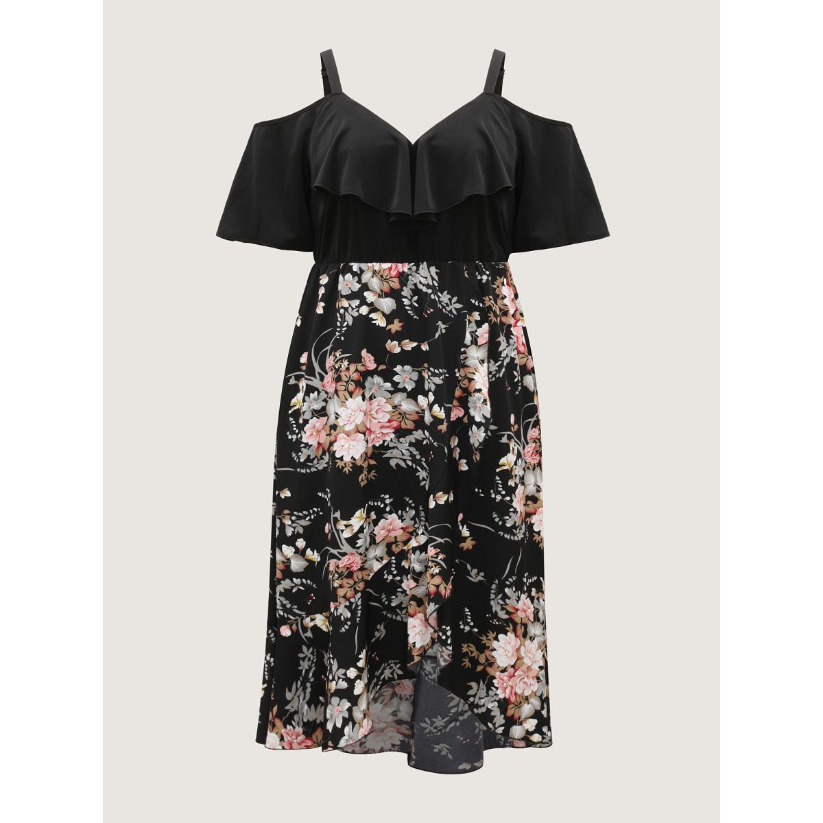 Plus Size Floral Print Overlap Hem Ruffled Midi Dress Black Women Romantic One-shoulder neck Short sleeve Curvy BloomChic 26/4X Product Image