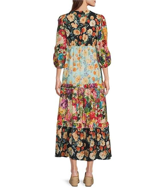 Calessa Patchwork Print V-Neck 3/4 Sleeve Tiered A-Line Maxi Dress Product Image
