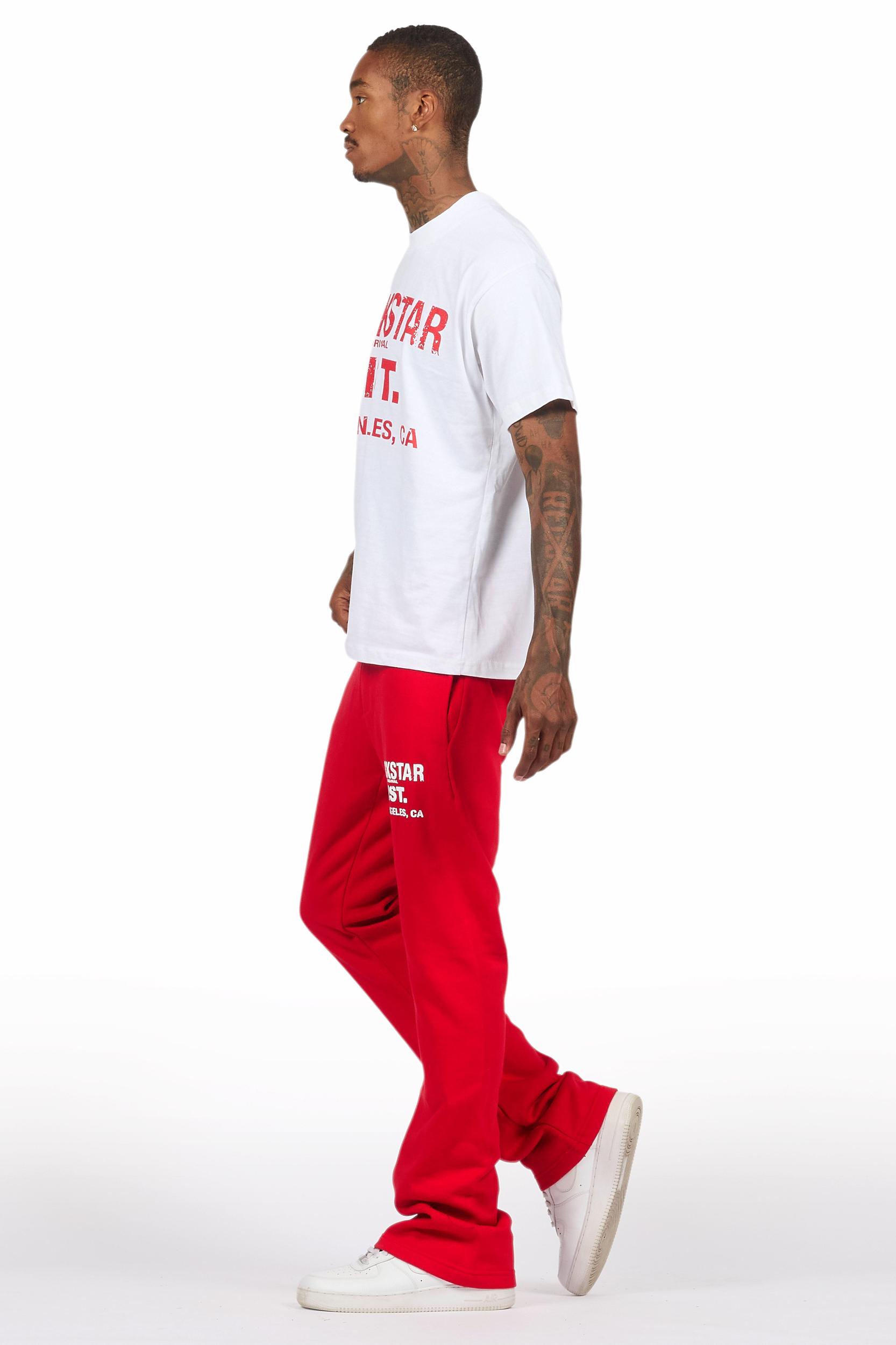 Lake White/Red Oversized T-Shirt/Stacked Track Pant Set Male Product Image