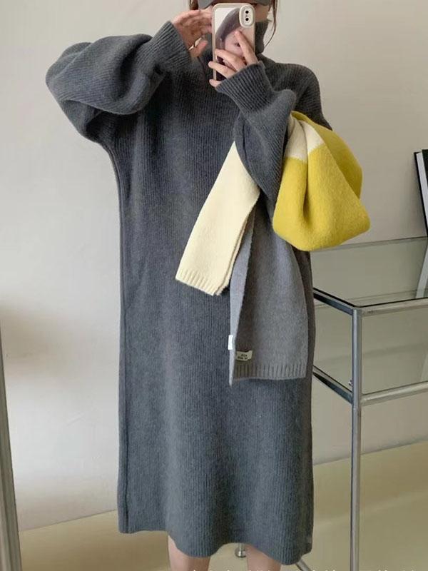 Long Sleeves Loose Solid Color High Neck Midi Dresses Sweater Dresses Product Image
