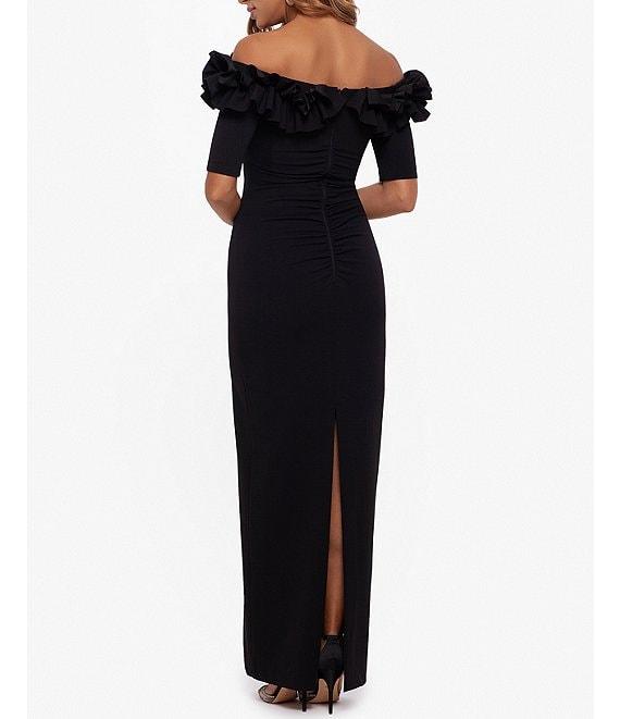 Xscape Petite Size Ruffled Off-the-Shoulder Short Sleeve Crepe Sheath Gown Product Image
