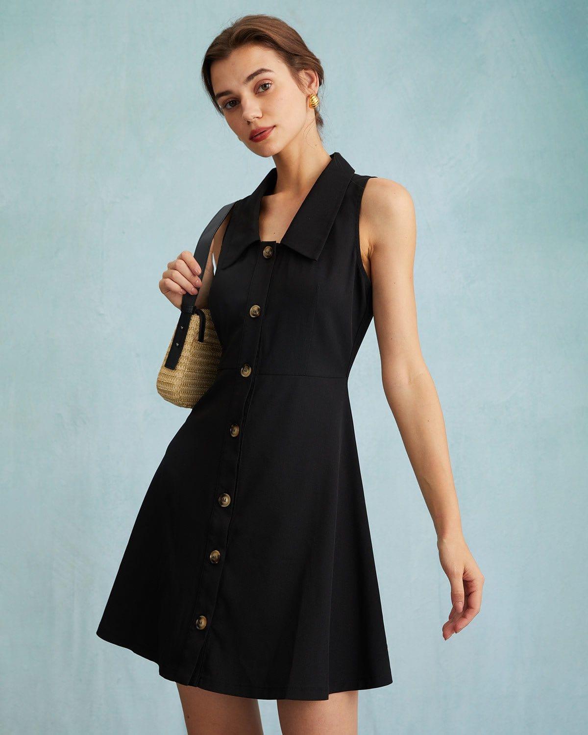 The Black Collared Sleeveless A Line Shirt Mini Dress Product Image